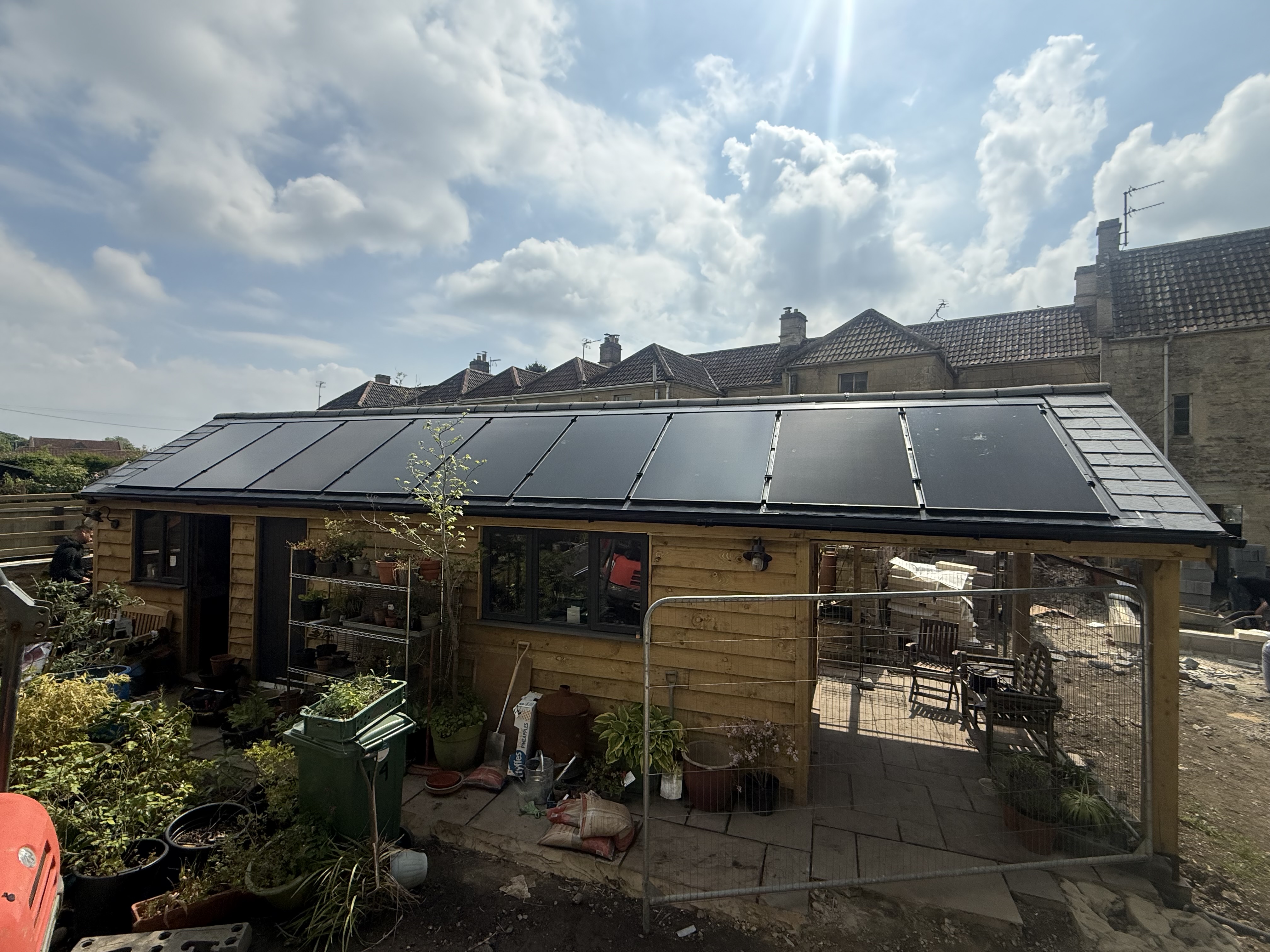 Solar panels and battery storage on an outbuilding in Bradford on Avon